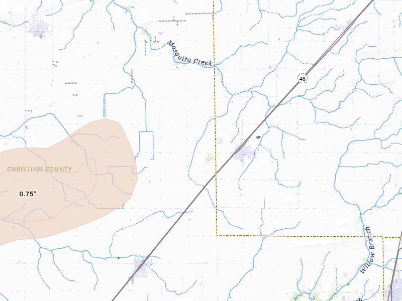 Radar-estimated hail-size map of the storm over Blue Mound, IL on Jul 4, 2026
