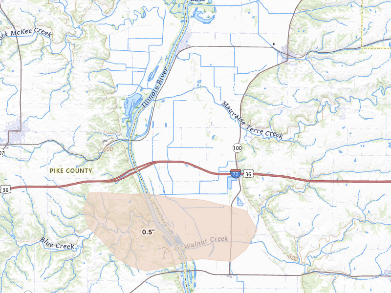 Radar-estimated hail-size map of the storm over Bluffs, IL on May 16, 2026
