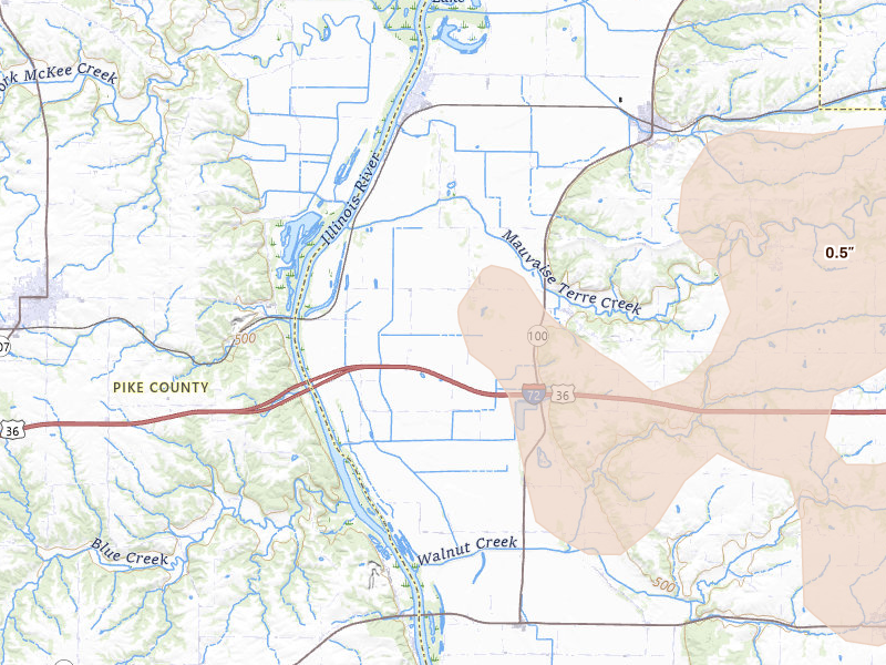 Radar-estimated hail-size map of the storm over Bluffs, IL on Jun 11, 2026