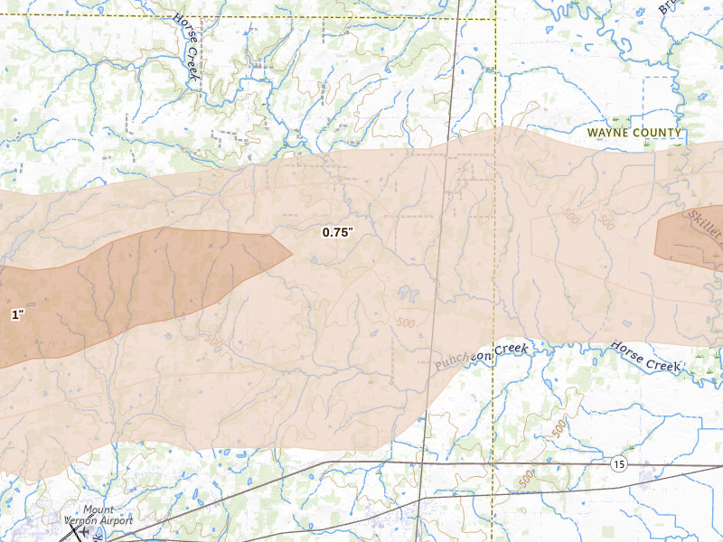 Radar-estimated hail-size map of the storm over Bluford, IL on May 16, 2026