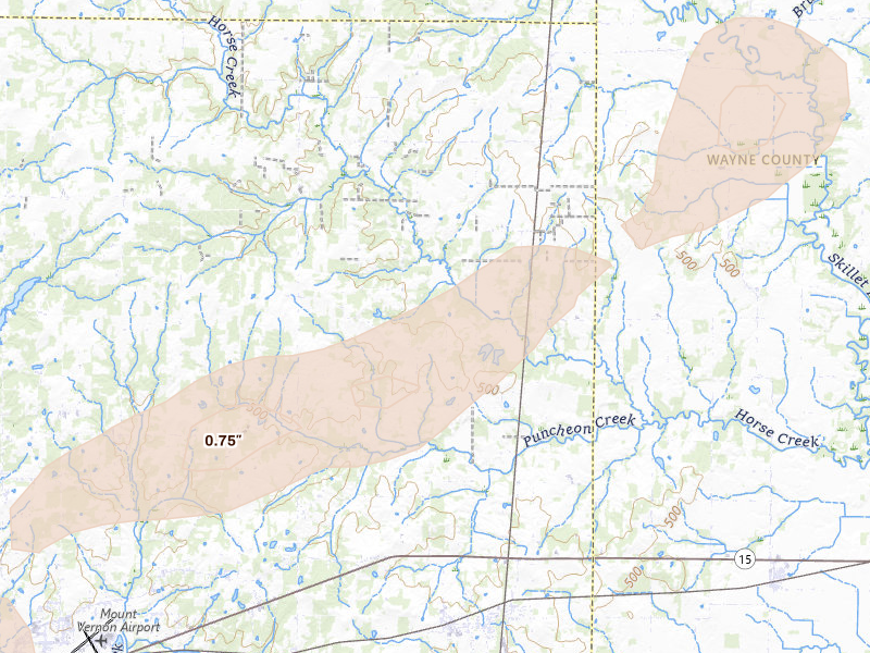 Radar-estimated hail-size map of the storm over Bluford, IL on Jul 4, 2026