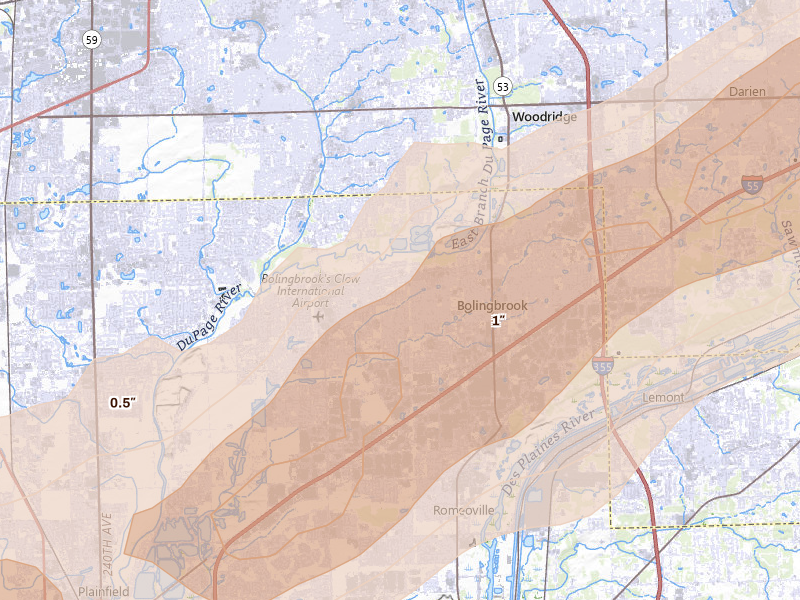 Radar-estimated hail-size map of the storm over Bolingbrook, IL on Mar 10, 2026