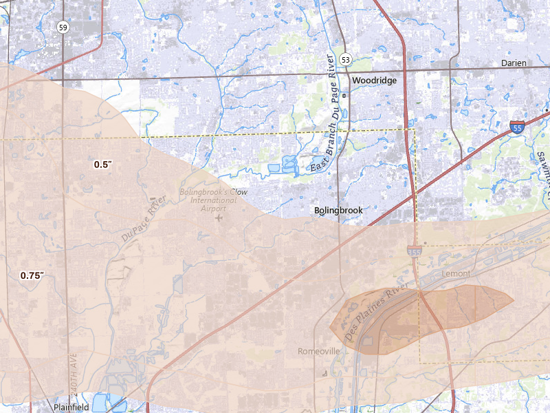 Radar-estimated hail-size map of the storm over Bolingbrook, IL on Mar 30, 2026