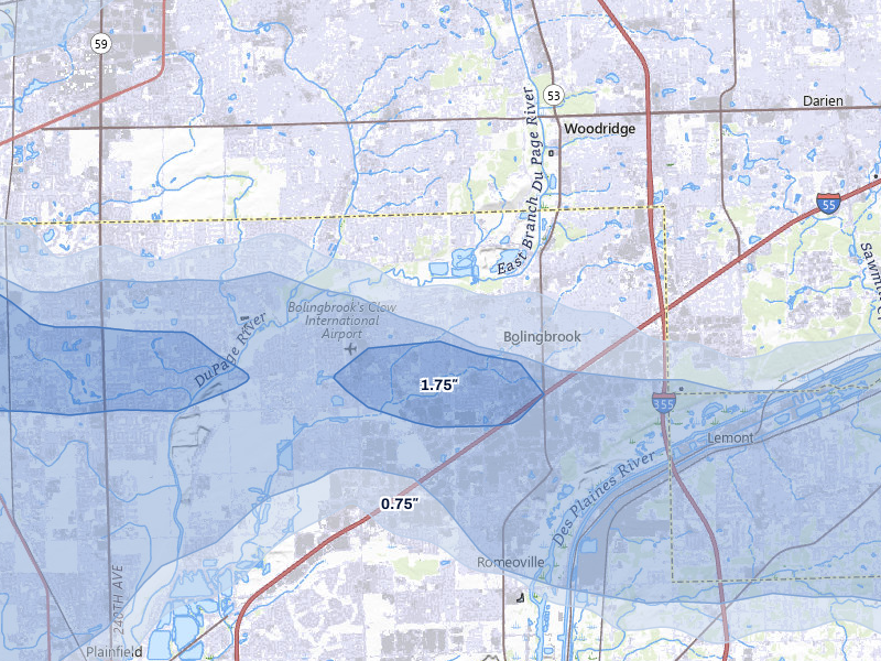 NEXRAD radar-signature map of the hail storm over Bolingbrook, IL on Mar 30, 2026