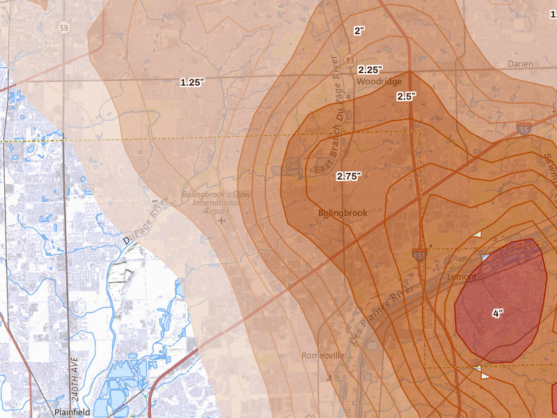 Radar-estimated hail-size map of the storm over Bolingbrook, IL on Jul 27, 2026