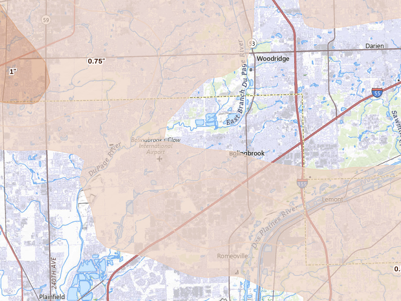 Radar-estimated hail-size map of the storm over Bolingbrook, IL on Aug 9, 2026