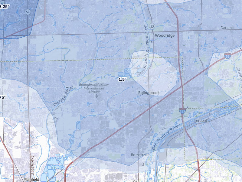 NEXRAD radar-signature map of the hail storm over Bolingbrook, IL on Aug 9, 2026