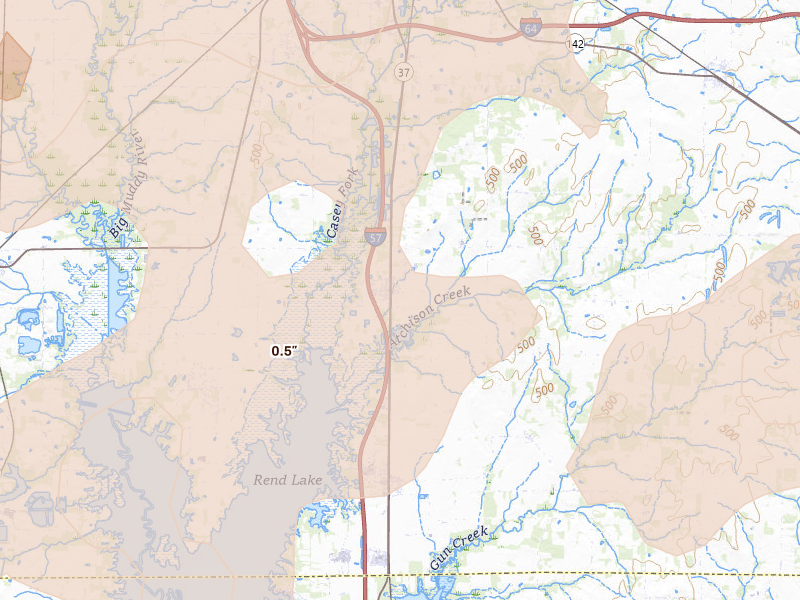 Radar-estimated hail-size map of the storm over Bonnie, IL on Apr 27, 2026