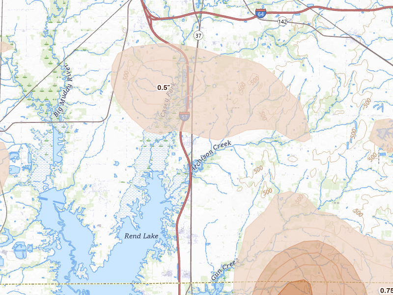 Radar-estimated hail-size map of the storm over Bonnie, IL on Aug 12, 2026
