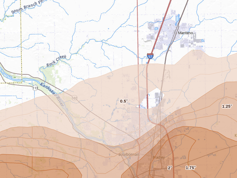 Radar-estimated hail-size map of the storm over Bourbonnais, IL on Mar 10, 2026