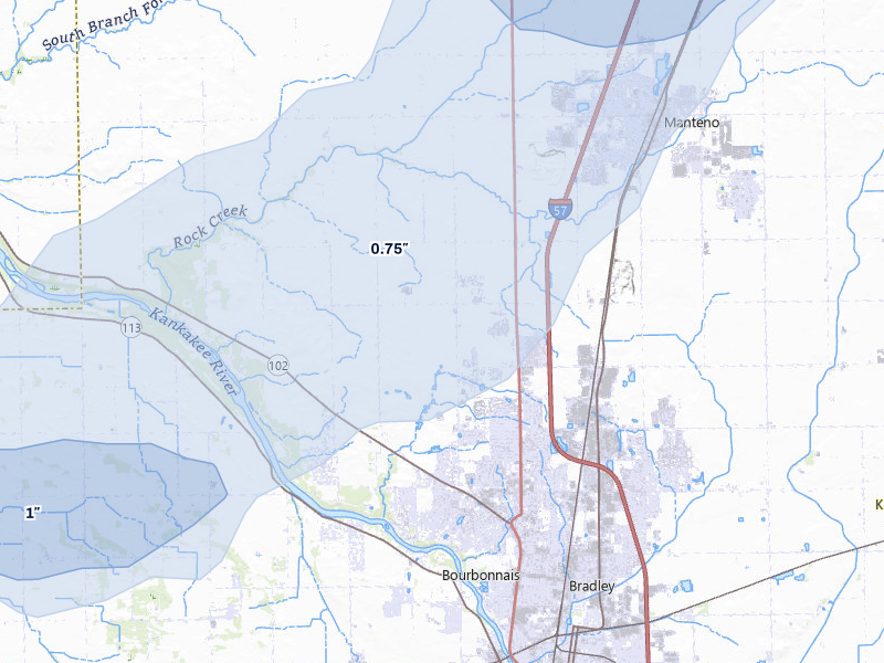 NEXRAD radar-signature map of the hail over Bourbonnais, IL