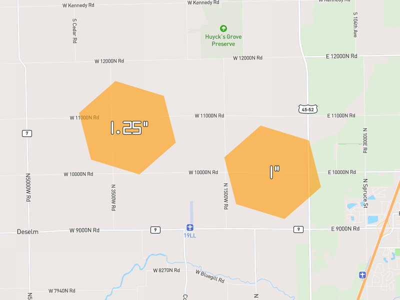 Hail map of Bourbonnais, IL on Jun 6, 2026, hail up to 1.25"