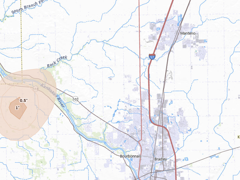 Radar-estimated hail-size map of the storm over Bourbonnais, IL on Jun 7, 2026