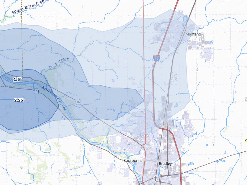 NEXRAD radar-signature map of the hail storm over Bourbonnais, IL on Jun 7, 2026