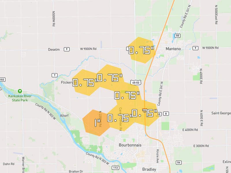 Hail map of Bourbonnais, IL on Jun 7, 2026, hail up to 1"