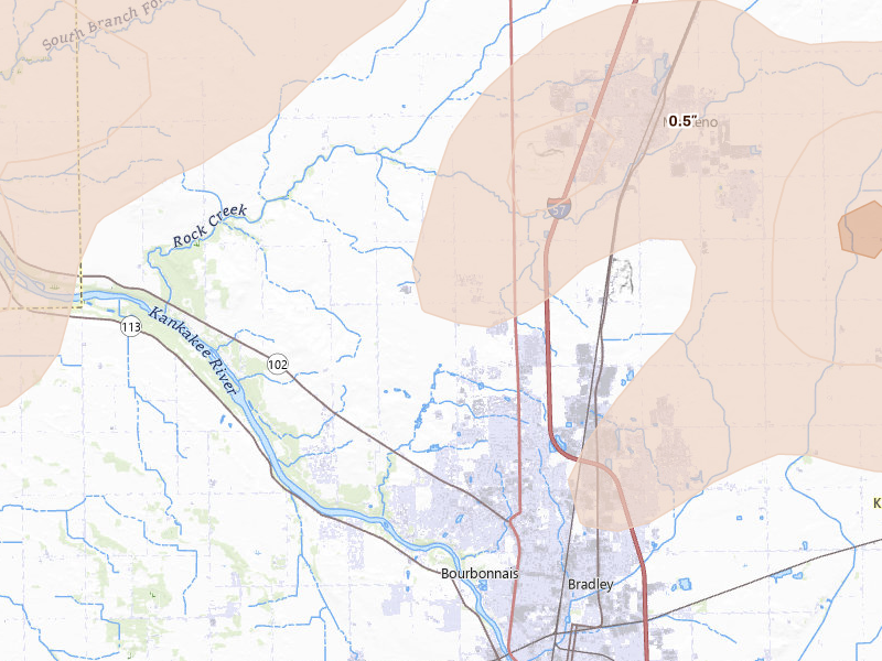 Radar-estimated hail-size map of the storm over Bourbonnais, IL on Jun 11, 2026
