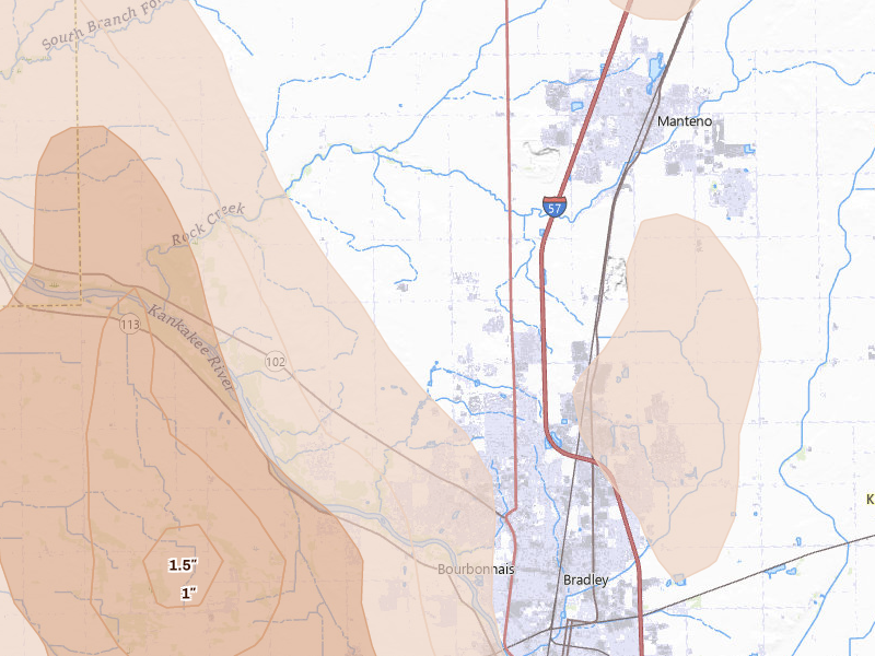Radar-estimated hail-size map of the storm over Bourbonnais, IL on Jul 27, 2026