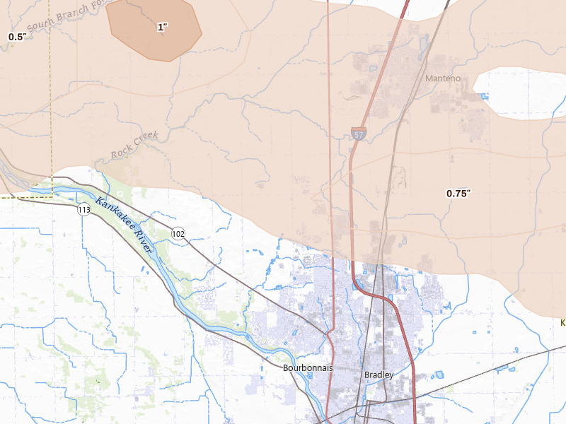 Radar-estimated hail-size map of the storm over Bourbonnais, IL on Aug 11, 2026