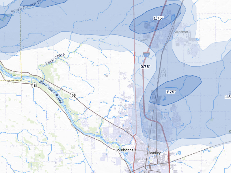 NEXRAD radar-signature map of the hail storm over Bourbonnais, IL on Aug 11, 2026