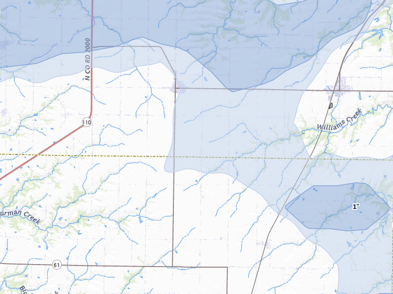 NEXRAD radar-signature map of the hail over Bowen, IL