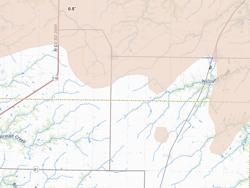 Radar-estimated hail-size map of the storm over Bowen, IL on Jun 11, 2026