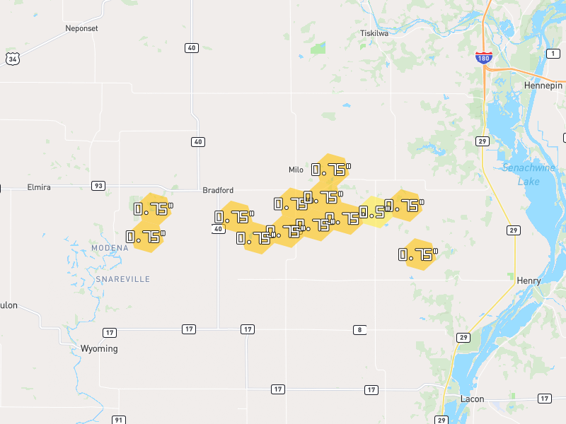Hail map of Bradford, IL on Jun 6, 2026, hail up to 0.75"