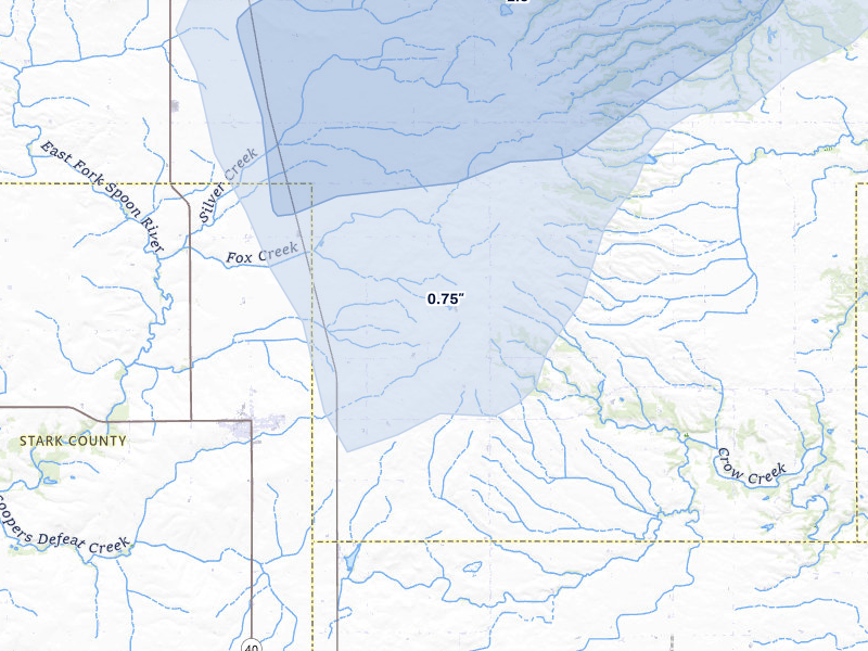 NEXRAD radar-signature map of the hail storm over Bradford, IL on Jul 3, 2026