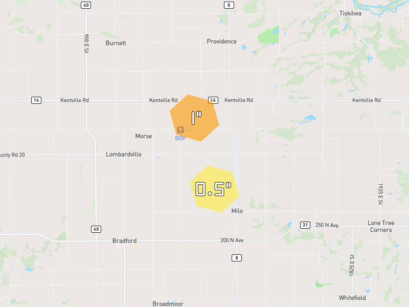 Hail map of Bradford, IL on Jul 3, 2026, hail up to 1"