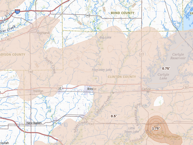 Radar-estimated hail-size map of the storm over Breese, IL on Apr 27, 2026