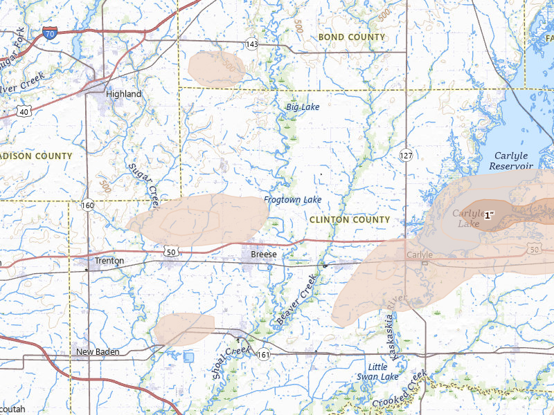 Radar-estimated hail-size map of the storm over Breese, IL on May 16, 2026