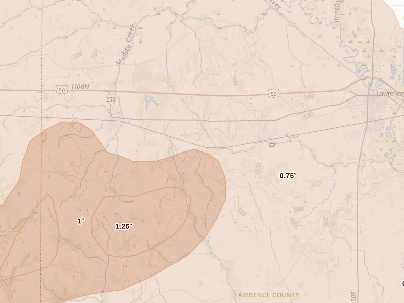 Radar-estimated hail-size map of the storm over Bridgeport, IL on Apr 27, 2026