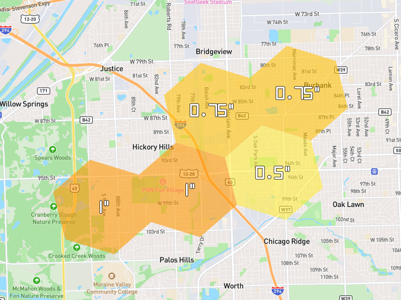 Hail map of Bridgeview, IL on Jul 4, 2026, hail up to 1"