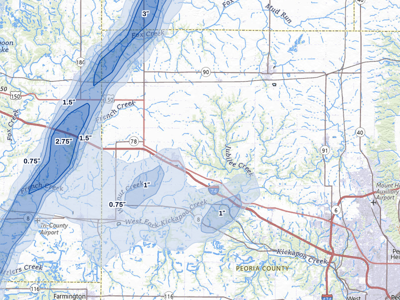 NEXRAD radar-signature map of the hail over Brimfield, IL