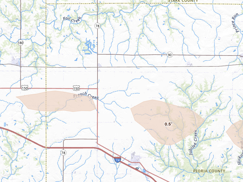 Radar-estimated hail-size map of the storm over Brimfield, IL on Jun 17, 2026
