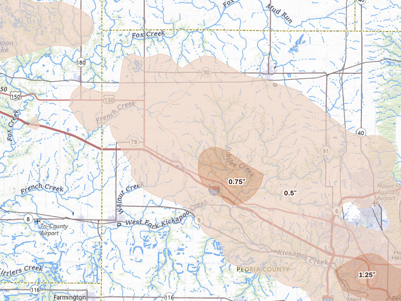 Radar-estimated hail-size map of the storm over Brimfield, IL on Aug 13, 2026