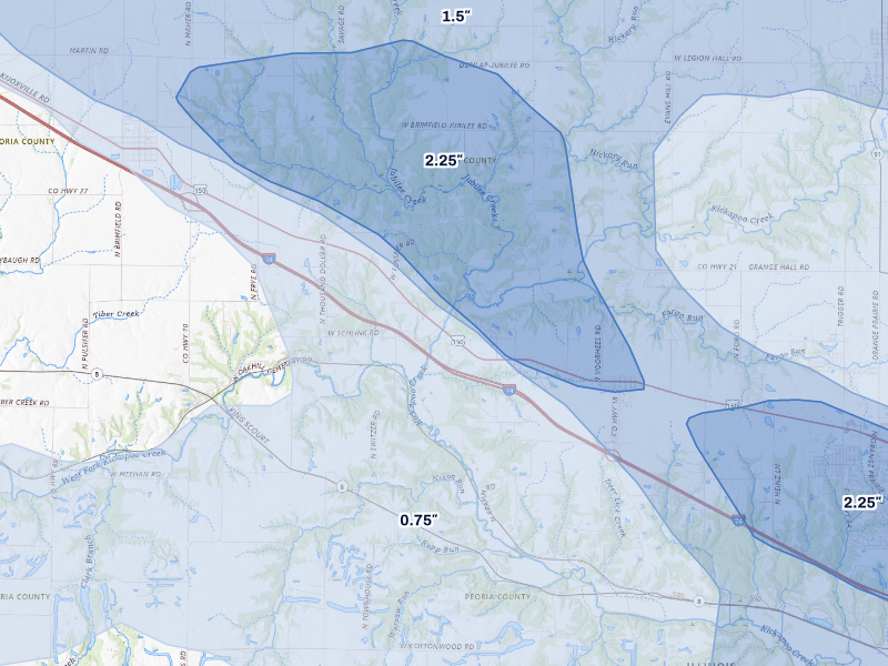 NEXRAD radar-signature map of the hail storm over Brimfield, IL on Aug 13, 2026