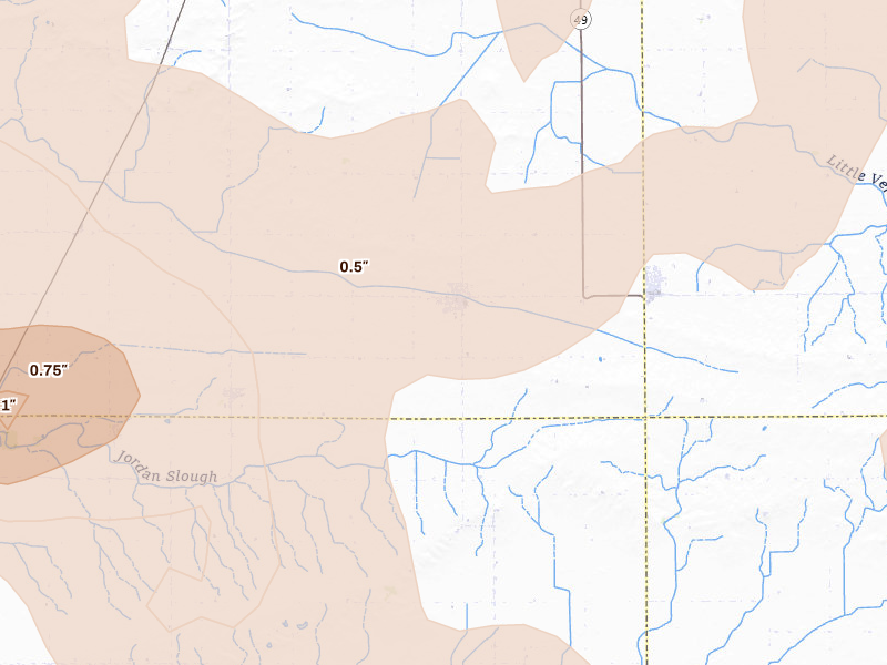 Radar-estimated hail-size map of the storm over Broadlands, IL on Aug 11, 2026