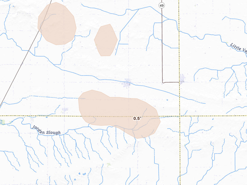 Radar-estimated hail-size map of the storm over Broadlands, IL on Aug 13, 2026