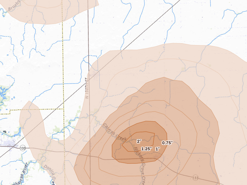 Radar-estimated hail-size map of the storm over Brocton, IL on Aug 11, 2026
