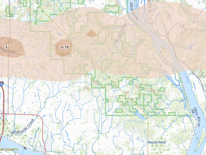 Radar-estimated hail-size map of the storm over Brookport, IL on Apr 27, 2026