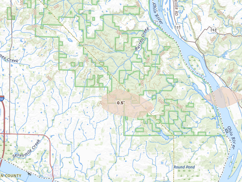Radar-estimated hail-size map of the storm over Brookport, IL on Jun 8, 2026