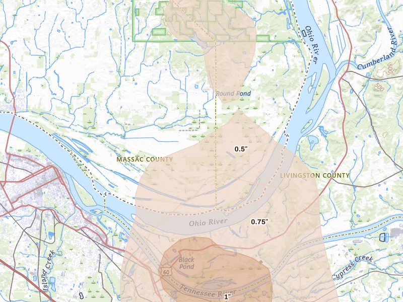Radar-estimated hail-size map of the storm over Brookport, IL on Jul 26, 2026