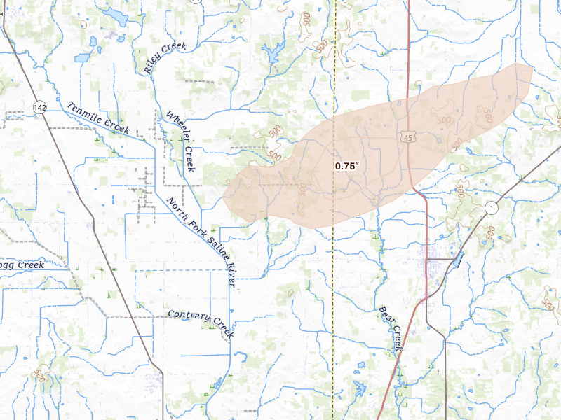Radar-estimated hail-size map of the storm over Broughton, IL on Apr 1, 2026