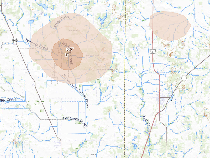 Radar-estimated hail-size map of the storm over Broughton, IL on Jul 5, 2026