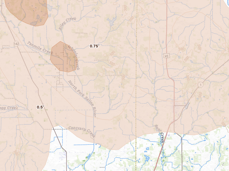 Radar-estimated hail-size map of the storm over Broughton, IL on Jul 26, 2026