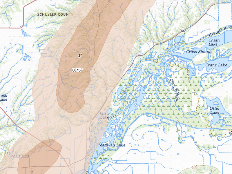 Radar-estimated hail-size map of the storm over Browning, IL on Apr 17, 2026