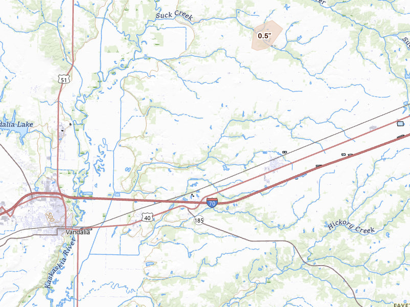 Radar-estimated hail-size map of the storm over Brownstown, IL on Jun 11, 2026