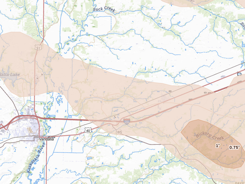 Radar-estimated hail-size map of the storm over Brownstown, IL on Jun 17, 2026
