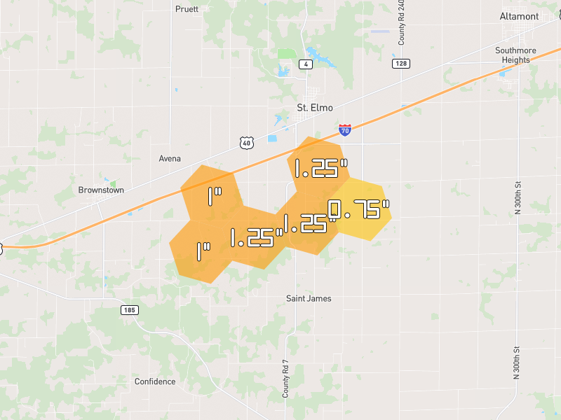 Hail map of Brownstown, IL on Jul 3, 2026, hail up to 1.25"