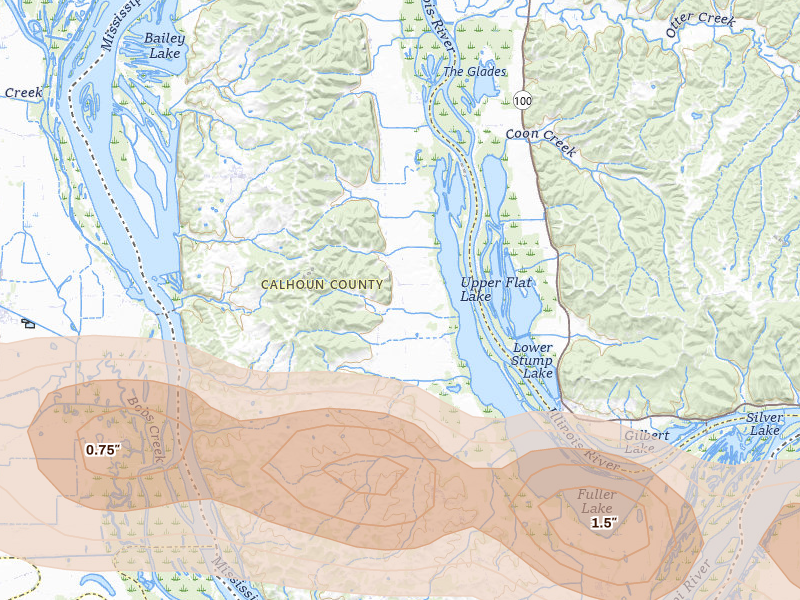 Radar-estimated hail-size map of the storm over Brussels, IL on May 3, 2026